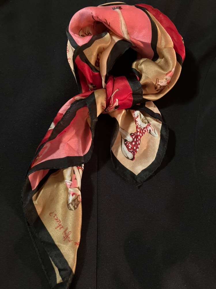 New Silk Women On The Phone Scarf In Pink, Red And Gold